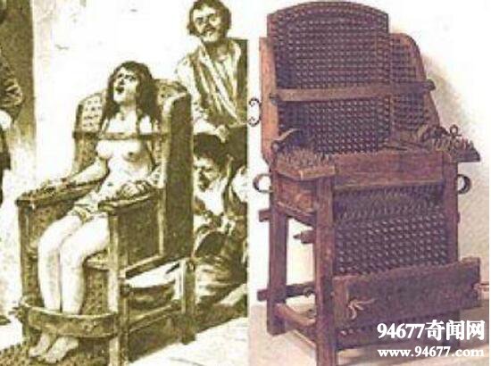 欧洲酷刑女巫的椅子，将铁钉钉入裸女全身