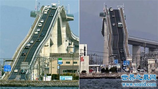 日本江岛大桥以陡峭闻名，像过山车一样恐怖的大桥(www.gifqq.com)